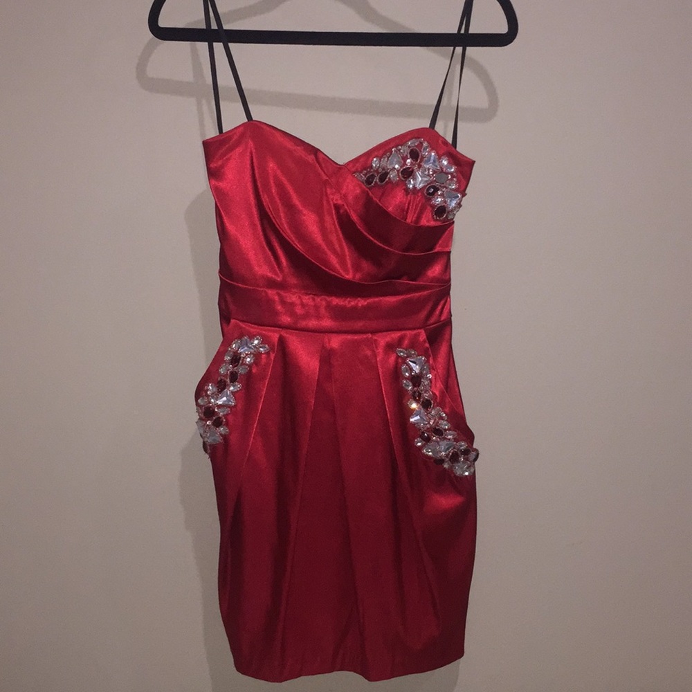 Red formal strapless mini dress with silver